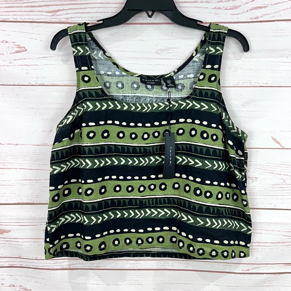 Tahari Linen Boxy Fit Tribal Print Cropped Tank Top